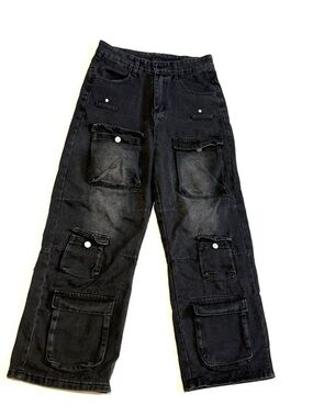Black Cargo Pocket Wide Leg Jeans